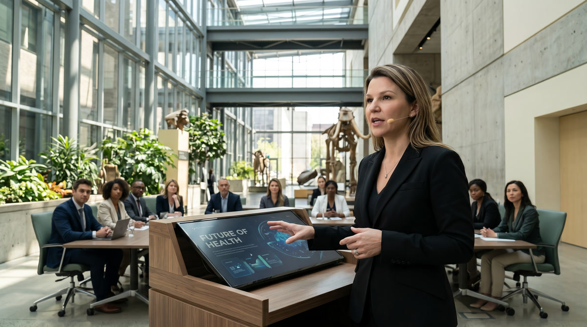 Physician in a white coat reviewing cardiovascular data on a digital tablet in a modern medical clinic.